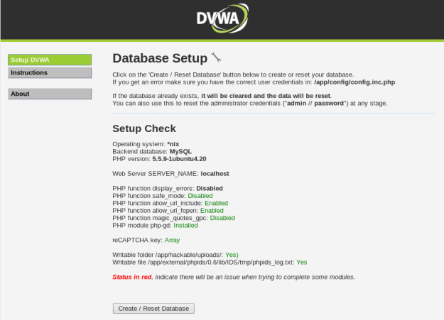 DVWA (Damn Vulnerable Web Application) Database Setup