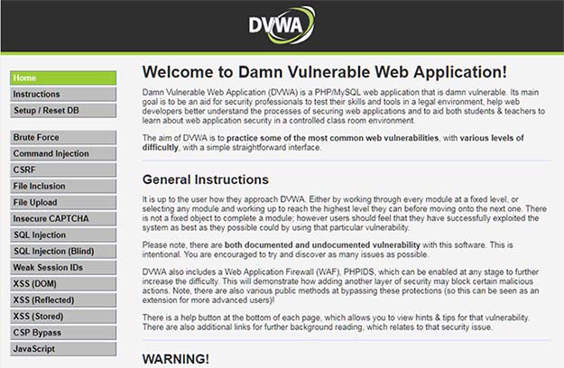 DVWA (Damn Vulnerable Web Application) Welcome Screen