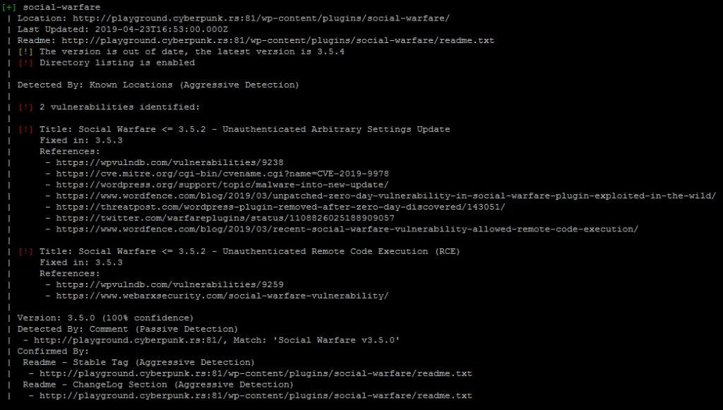 WPscan Usage Example: social-warfare plugin